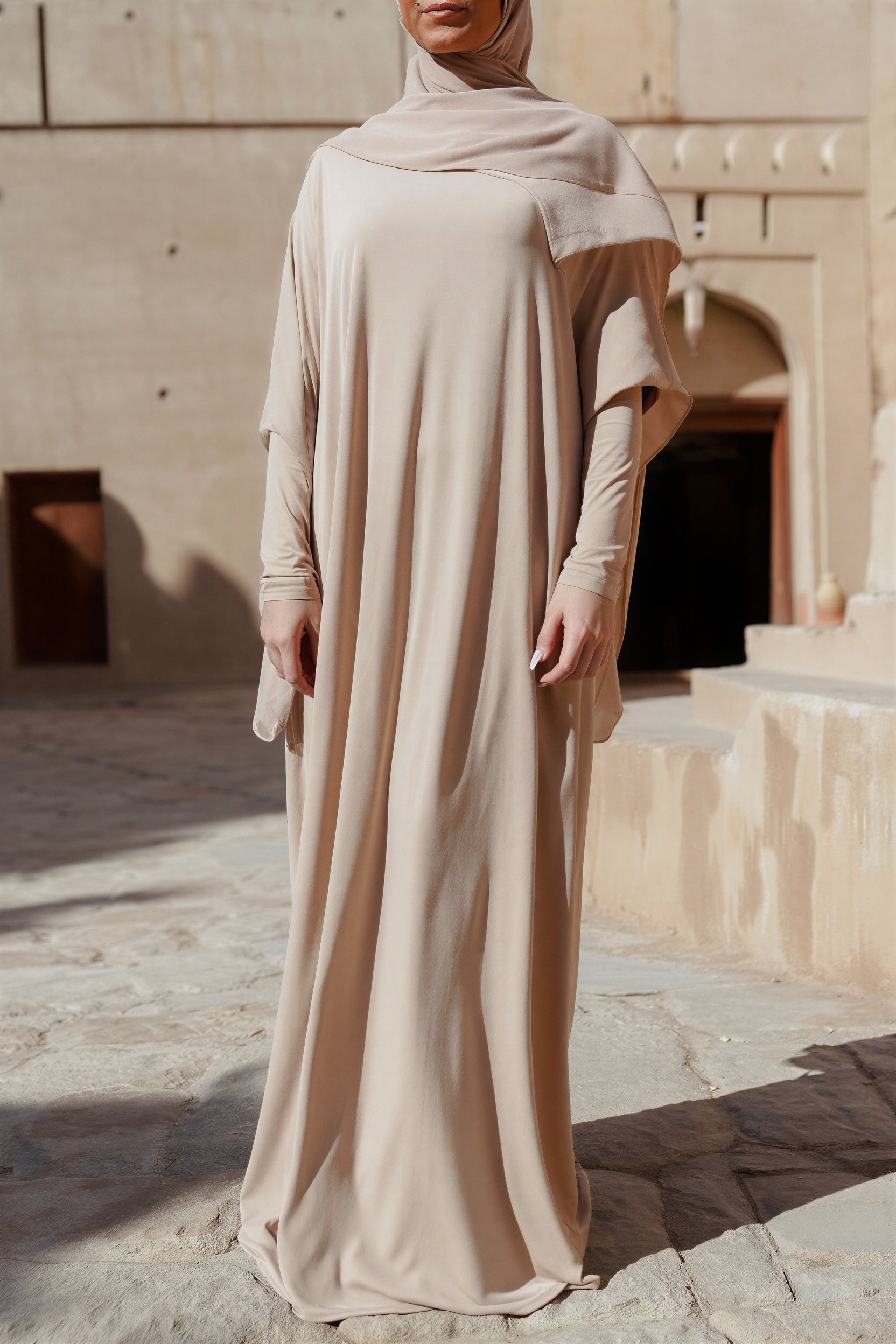 SB Relaxed Batwing Jersey Abaya AS015 in Beige