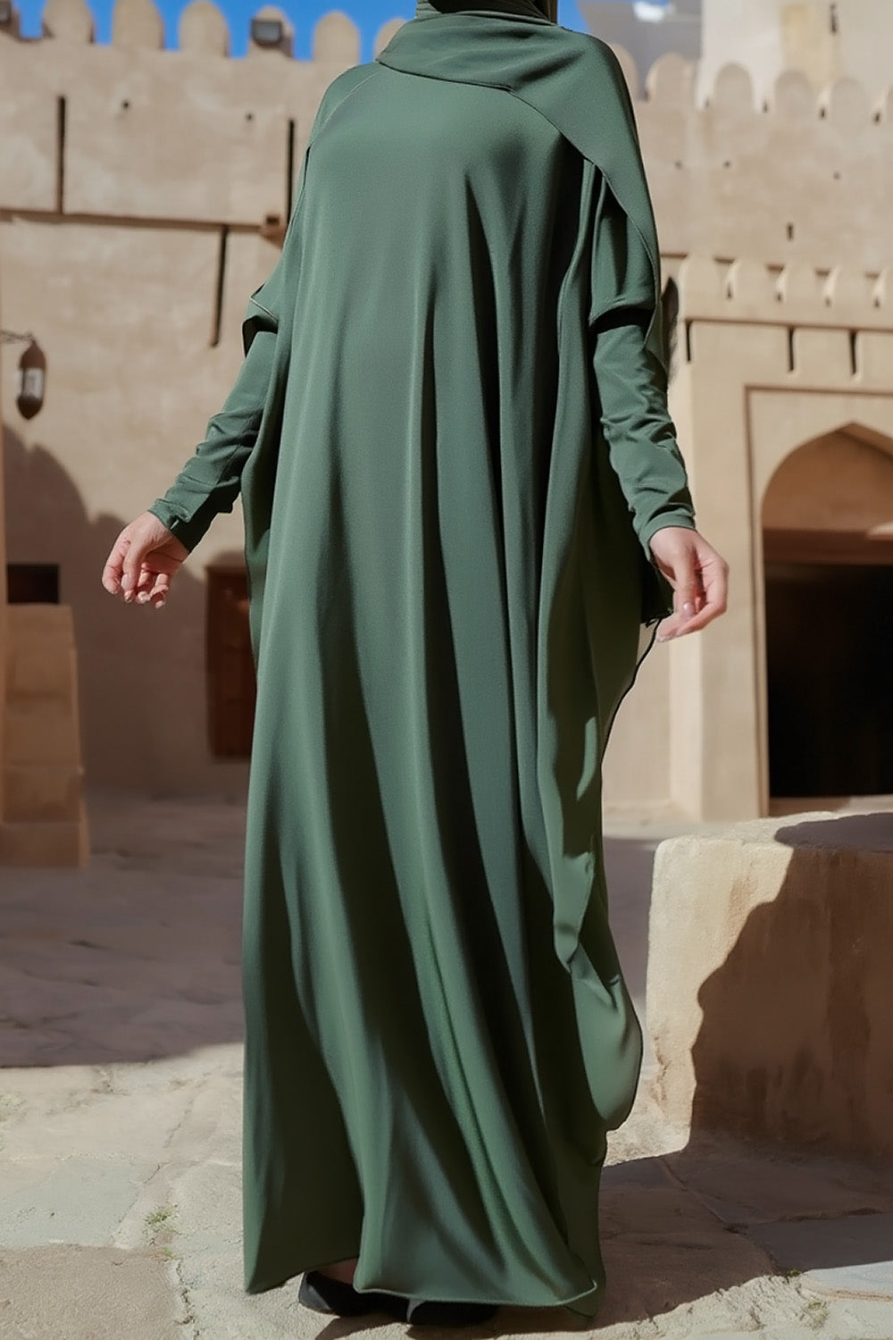SB Relaxed Batwing Jersey Abaya AS015 in Dark Green