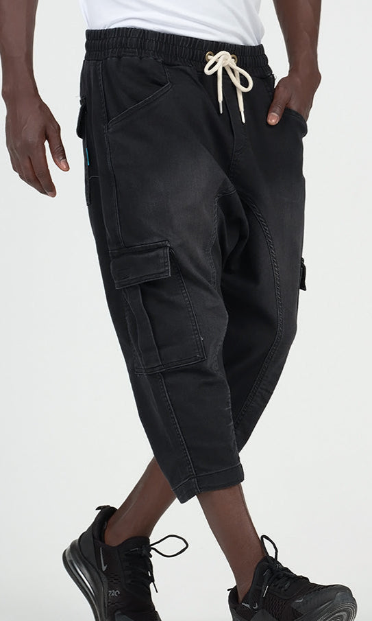  QL Pantacourt Cargo Jeans in Black - QABA'IL,